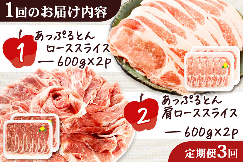 《定期便3ヶ月》 秋田県横手市産 あっぷるとん ローススライス＆肩ローススライス詰合せ 合計2.4kg（600g×各2パック） 豚肉 [ブランド豚 あっぷるとん 豚肉 ぶた肉 ブタ肉 セット 詰め合わせ 詰合せ ロース 肩ロース スライス 秋田県 横手市 3か月 3ヵ月 3カ月 3ケ月]