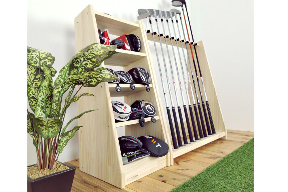 WOODWORKS ヘッドカバー＆マルチラック 【本体カラー：ナチュラル】完成品 [ゴルフ ヘッドカバー 収納ラック 木製 ゴルフ用品 収納 ゴルフラック ゴルフ収納棚 ヘッドカバー収納 ディスプレイラック ゴルフグッズ収納 シミュレーションゴルフ]