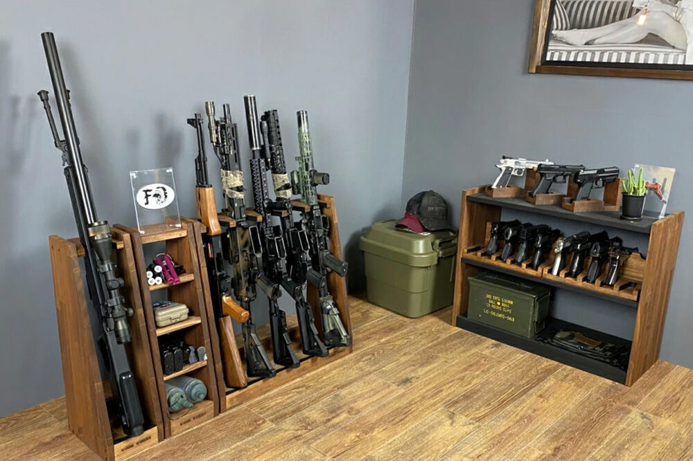 WOOD WORKS ライフルスタンド 1丁掛+マガジンラックセット【本体:ライトブラウン×ブラックウッド】完成品 [WOOD WORKS ウッドワークス 日本製 ガンラック サバゲー ミリタリー ライフル エアガン 電動ガン ガスガン 飾る 収納 インテリア マガジン ラック military]