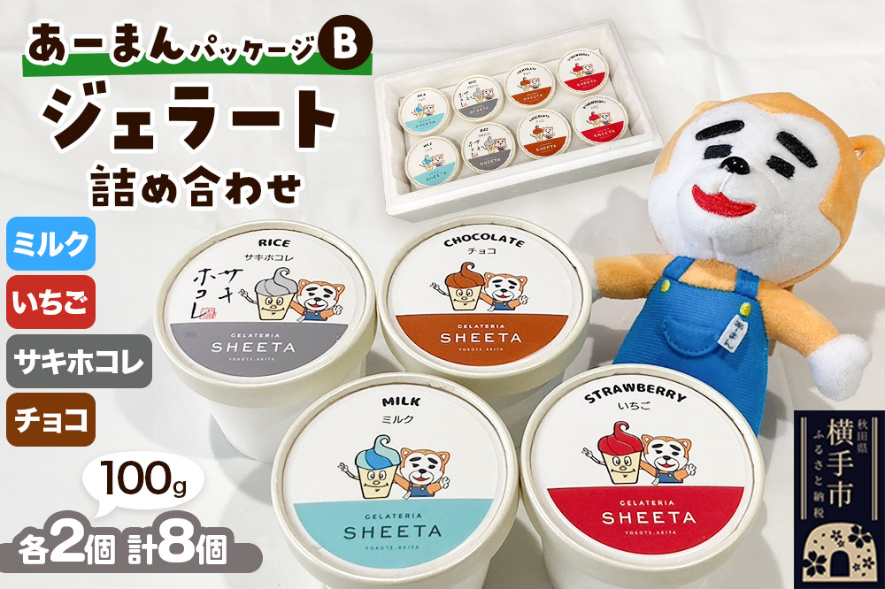 【あーまんパッケージB】ジェラート詰め合わせ（ミルク×2、いちご×2、サキホコレ×2、チョコ×2）各100g×8個