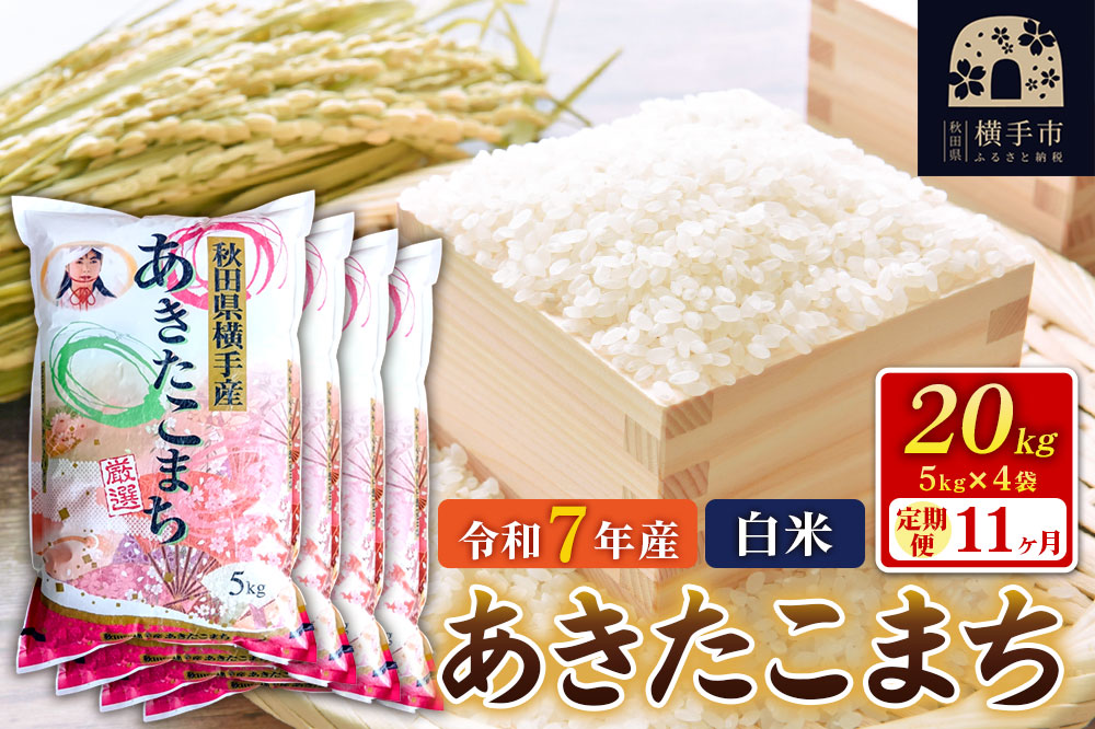 令和7年産【白米】《定期便11ヶ月》あきたこまち 20kg（5kg×4袋） 秋田県 横手市