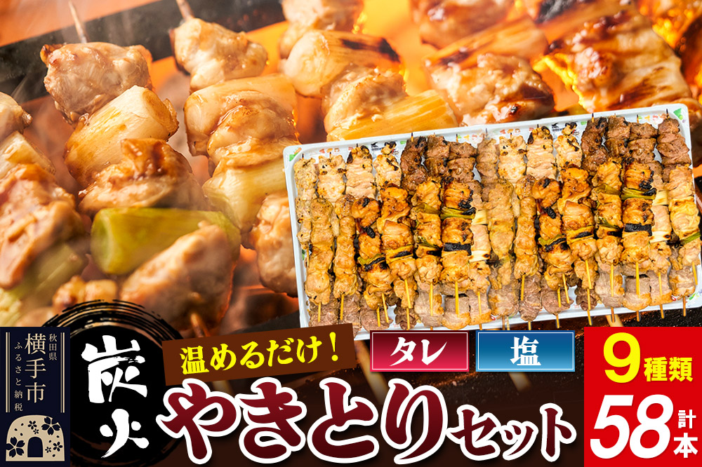 やきとりセット　計58本（ももたれ、もも塩、ねぎたれ、ねぎ塩、かしらたれ、さがり、バラ、なんこつ、皮たれ）