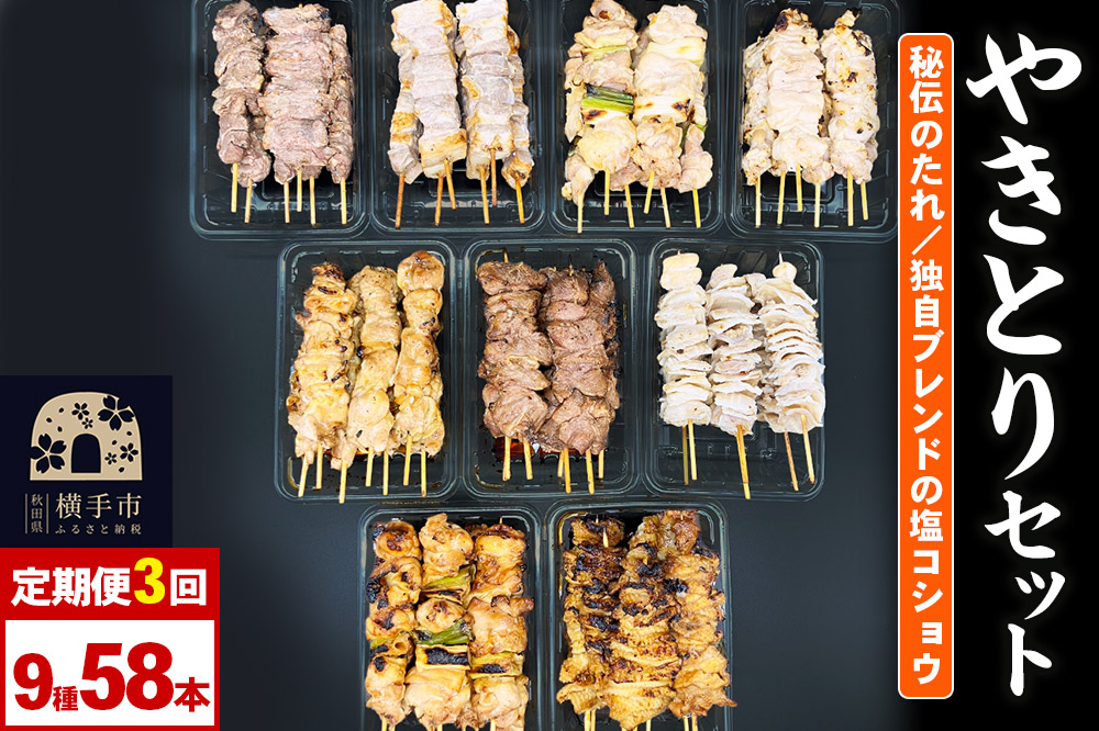 《定期便3ヶ月》やきとりセット　計58本（ももたれ、もも塩、ねぎたれ、ねぎ塩、かしらたれ、さがり、バラ、なんこつ、皮たれ）
