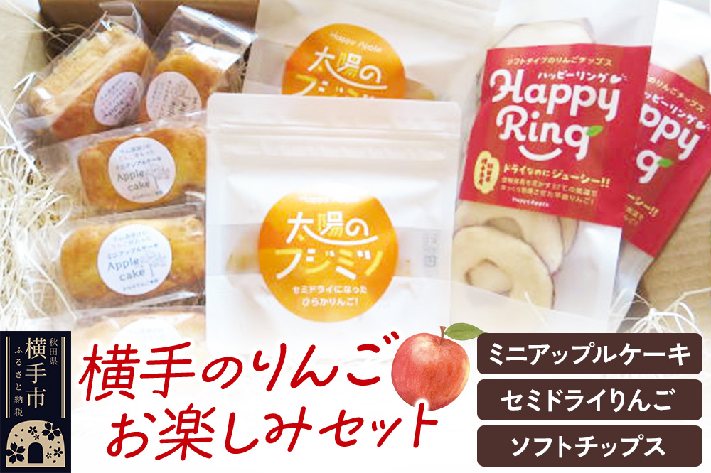 【期間限定】横手のりんごお楽しみセット（ラム酒漬けのりんごが入ったミニアップルケーキ×5個・セミドライりんご「太陽のフジミツ」×2袋・蜜入りりんごのソフトチップス×2袋）