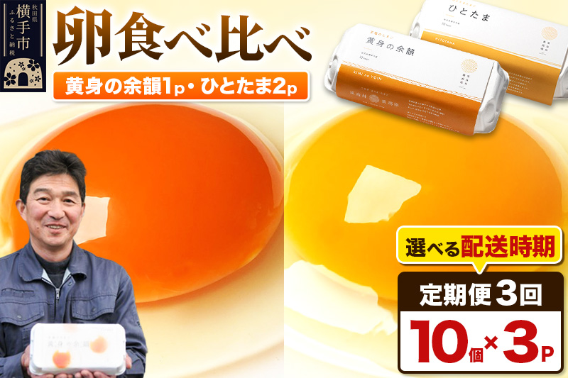 【常温発送】《定期便3ヶ月》黄身の余韻10個×1P・ひとたま10個×2P 計30個【発送時期が選べる】3か月 3ヵ月 3カ月 3ケ月 卵 玉子 たまご 2種類 味比べ 食べ比べ 開始時期選べる東海林養鶏場 至福のたまご 黄身の余韻 ひとたま タマゴ