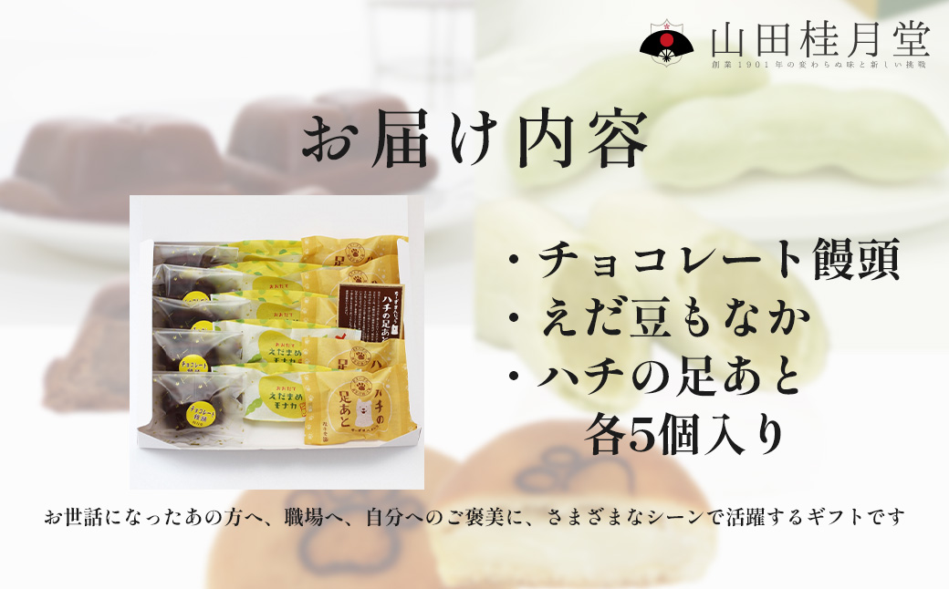 ＜山田桂月堂＞詰合せ3種セット（ハチの足あと・えだ豆もなか・チョコレート饅頭）　各5個入り 　60P5610