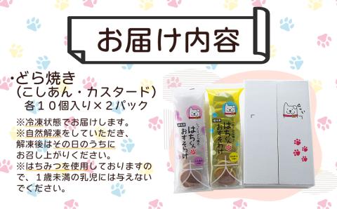 60P5606　冷凍しっとりどら焼きはちくん2種セット（こしあん・カスタード）10個入り×各１パック計20個