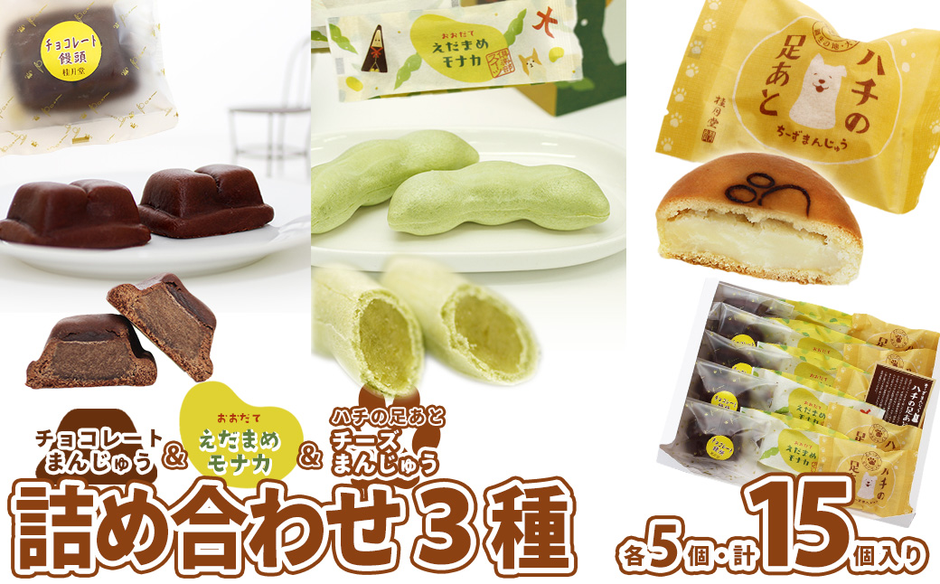 ＜山田桂月堂＞詰合せ3種セット（ハチの足あと・えだ豆もなか・チョコレート饅頭）　各5個入り 　60P5610