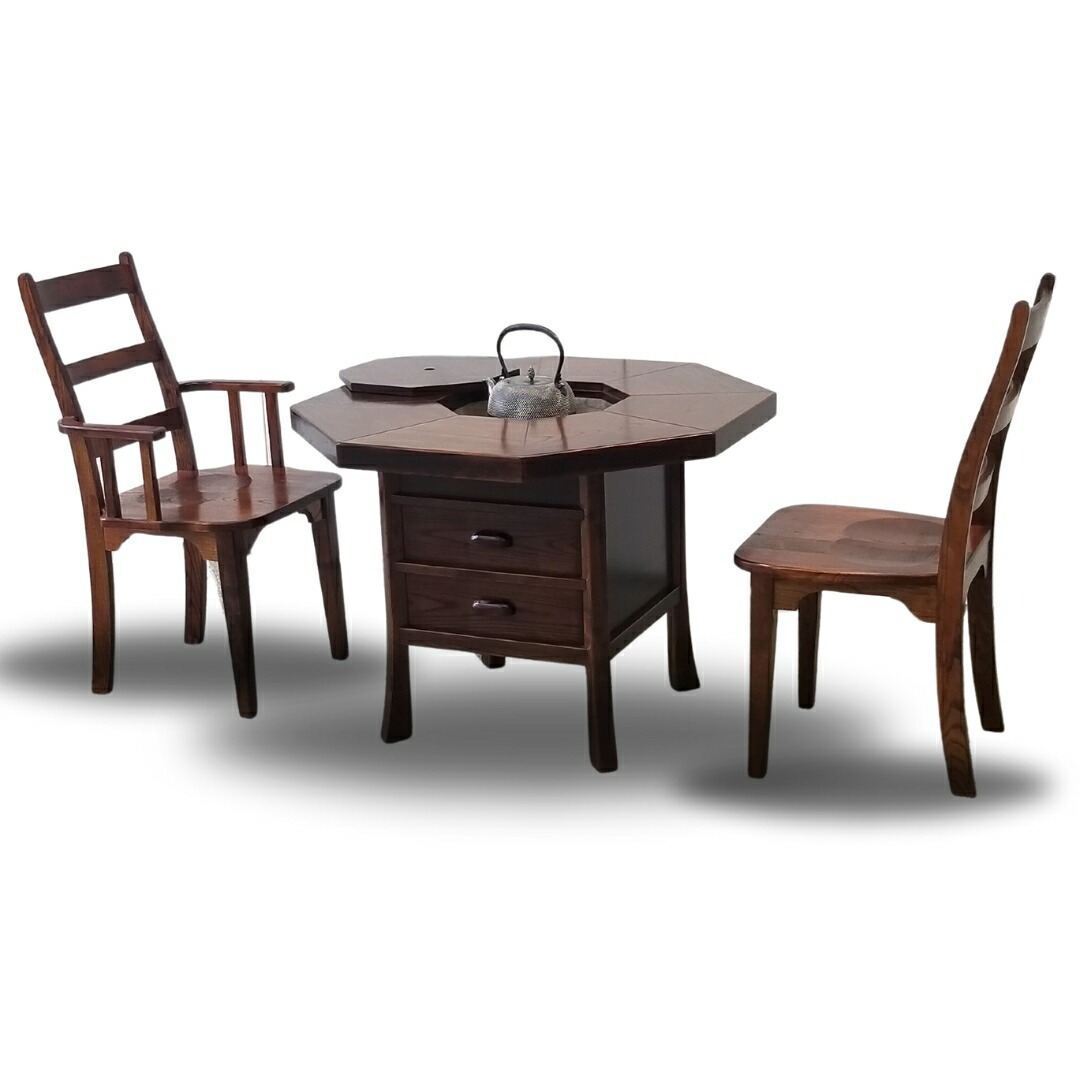 八角火鉢テーブル（卓上IHコンロ付） 机 座卓 ちゃぶ台 火鉢 炉 八角形テーブル ダイニングテーブル 卓上IHコンロ付 アンティーク調 高級 インテリア 家具 レトロ 和モダン 和室【(有)高松木工】[F8802]