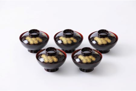 川連漆器 吸物椀 溜内朱 唐松 5客【山田漆器店】[F5605]