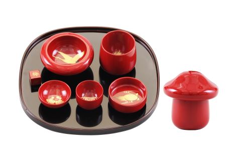川連漆器 きのこ酒杯・トレーセット【丸利漆工所】[Q9-5702]