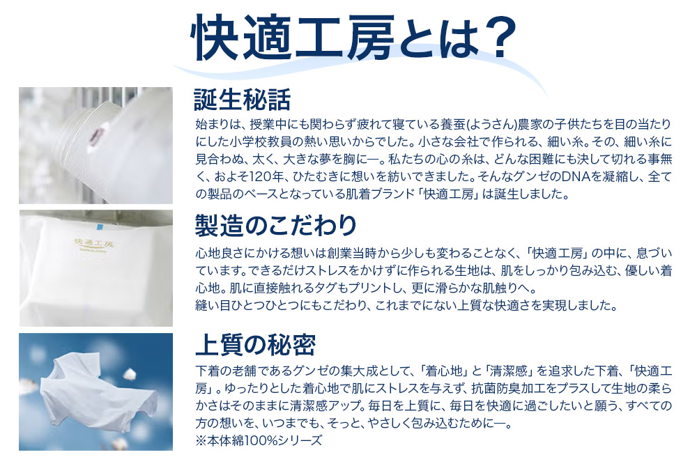 GUNZE【快適工房】長袖U首 ホワイト（KQ3010）Mサイズ 3枚 肌着 メンズ 男性用