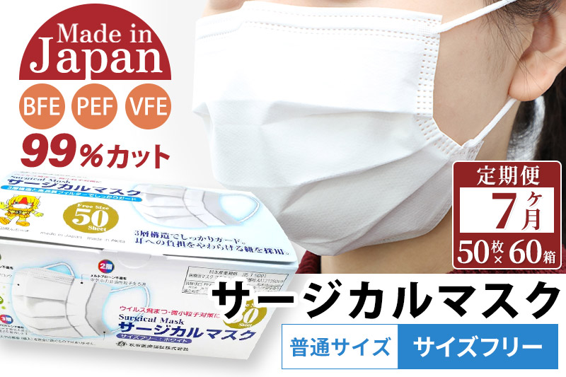 《定期便7ヶ月》国内製造 高性能サージカルマスク 普通サイズ 50枚入り×60箱 (合計3,000枚)×7回 7か月 7ヵ月 7カ月 7ケ月