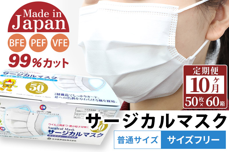 《定期便10ヶ月》国内製造 高性能サージカルマスク 普通サイズ 50枚入り×60箱 (合計3,000枚)×10回 10か月 10ヵ月 10カ月 10ケ月