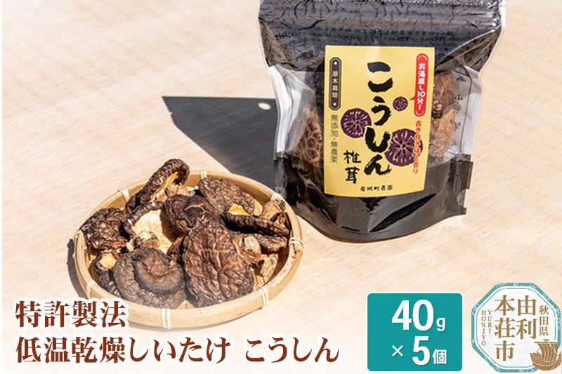 岩城町農園 特許製法 低温乾燥しいたけ こうしん 200g(40g×5個)