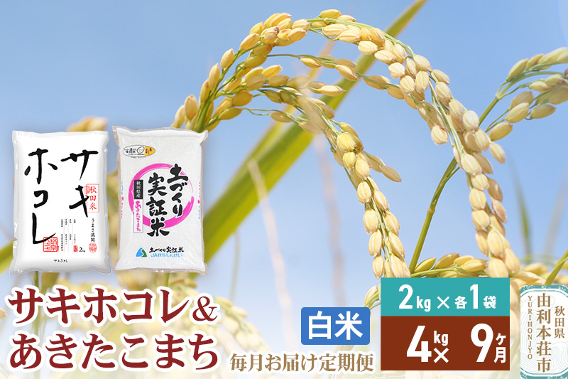 《定期便9ヶ月》【白米】令和7年産 サキホコレ2kg・土づくり実証米あきたこまち2kg (計4kg) ×9回 計36kg 精米 特A評価米 秋田県産