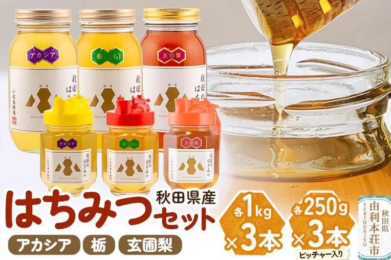 小松養蜂場 はちみつ 秋田県産 100％ 秋田のはちみつ6本セット 合計3.75kg（アカシア、栃、 玄圃梨 各1Kg×1本+ピッチャー入250g×1本)