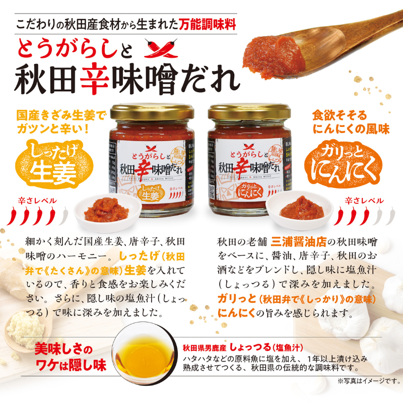 『とうがらしと秋田辛味噌だれ』【しったげ生姜】【ガリっとにんにく】2個セット（各1個）
