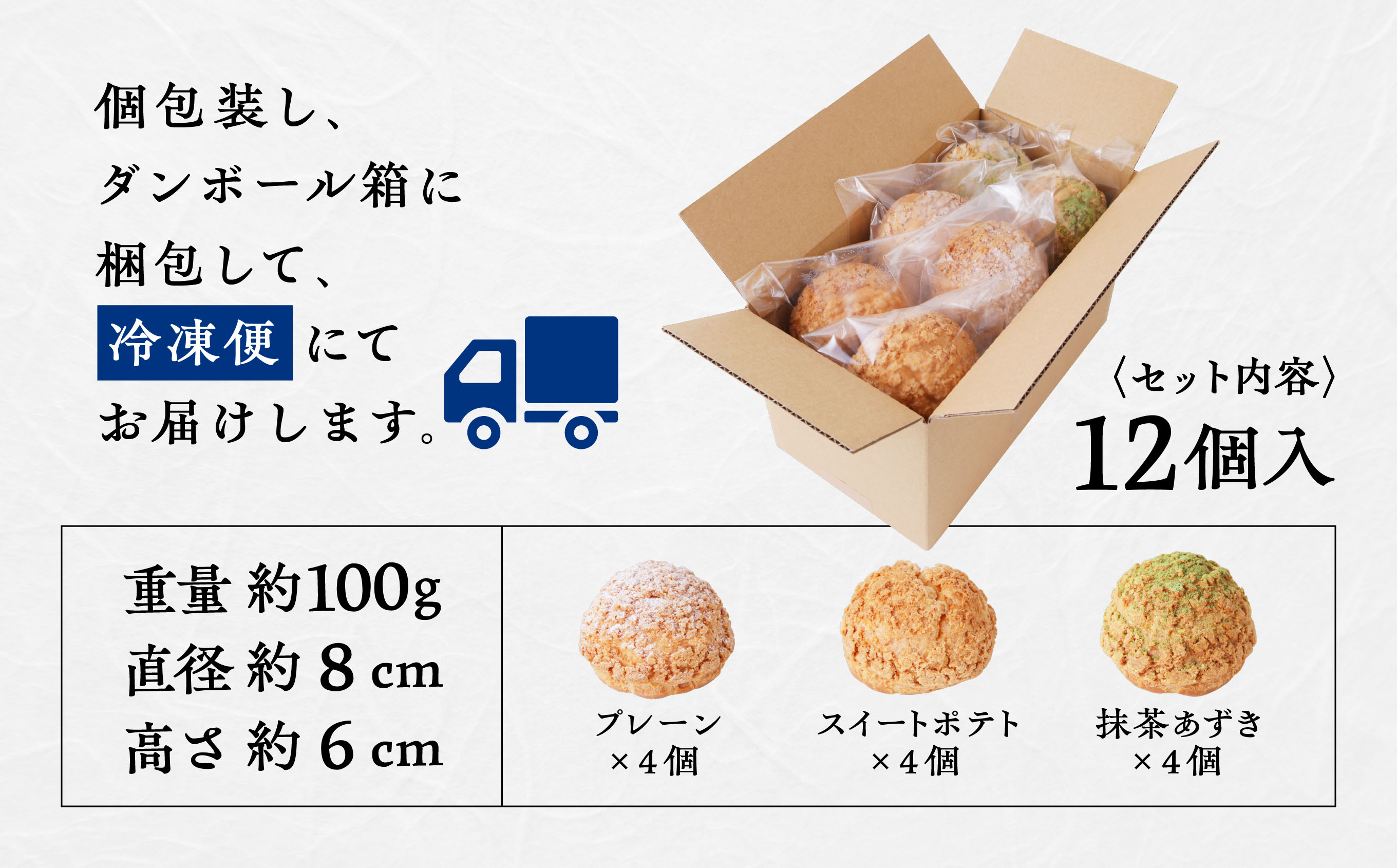 サキホコレ米粉使用 かたがみシュー（プレーン／スイートポテト／抹茶あずき）3種12個入