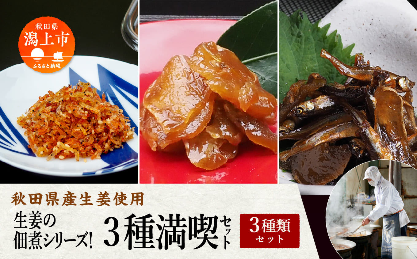 《 秋田県産生姜使用 》生姜の佃煮シリーズ！３種満喫セット 佃煮 生姜 わかさぎ ご飯のお供 お惣菜 食べ応え グルメ ご当地 名物 郷土料理 秋田県産 国産
