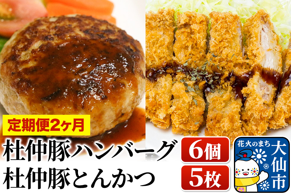 【定期便2ヶ月】大仙市産 杜仲豚ハンバーグ 6個・とんかつ5枚セット【長沼商店】