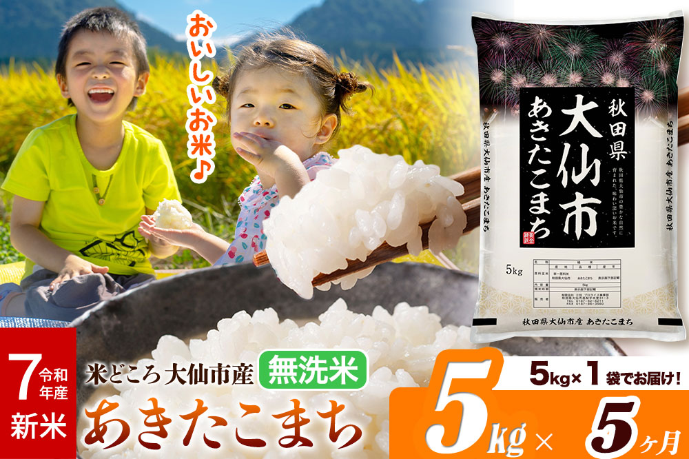 新米 令和7年産《定期便5ヶ月》米【無洗米】米どころ秋田県大仙市産 あきたこまち5kg（5kg×1袋）