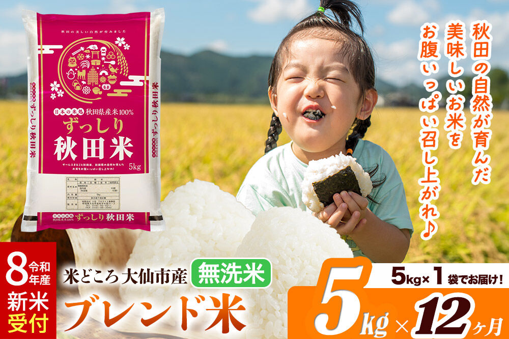 《令和8年産 新米受付》《定期便12ヶ月》米どころ 秋田県大仙市産 ブレンド米【無洗米】5kg（5kg×1袋）