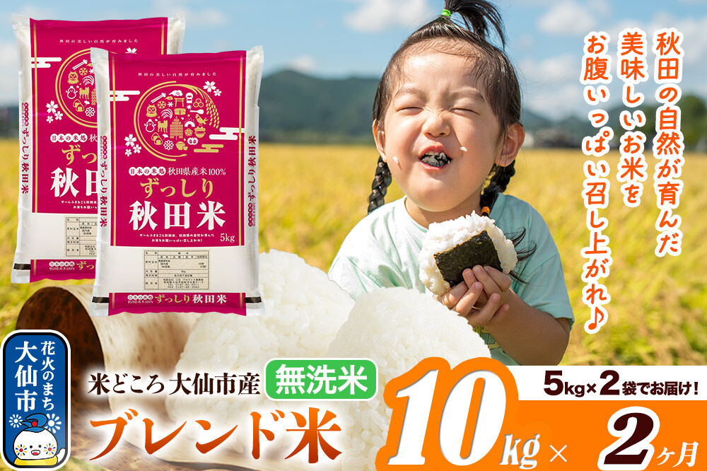 米《定期便2ヶ月》米どころ 秋田県大仙市産 ブレンド米【無洗米】10kg（5kg×2袋）