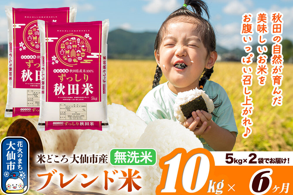 米《定期便6ヶ月》米どころ 秋田県大仙市産 ブレンド米【無洗米】10kg（5kg×2袋）