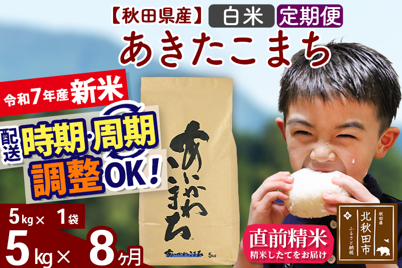 ※令和7年産 新米※《定期便8ヶ月》秋田県産 あきたこまち 5kg【白米】(5kg小分け袋) 2025年産 お届け時期選べる お届け周期調整可能 隔月に調整OK お米 藤岡農産