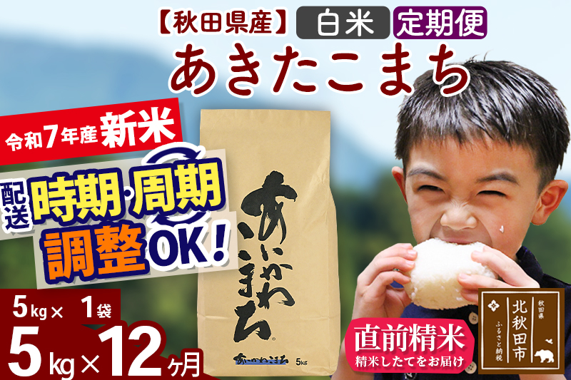 ※令和7年産 新米※《定期便12ヶ月》秋田県産 あきたこまち 5kg【白米】(5kg小分け袋) 2025年産 お届け時期選べる お届け周期調整可能 隔月に調整OK お米 藤岡農産