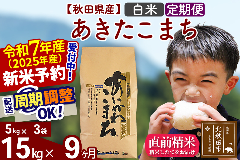 ※令和7年産 新米※《定期便9ヶ月》秋田県産 あきたこまち 15kg【白米】(5kg小分け袋) 2025年産 お届け時期選べる お届け周期調整可能 隔月に調整OK お米 藤岡農産