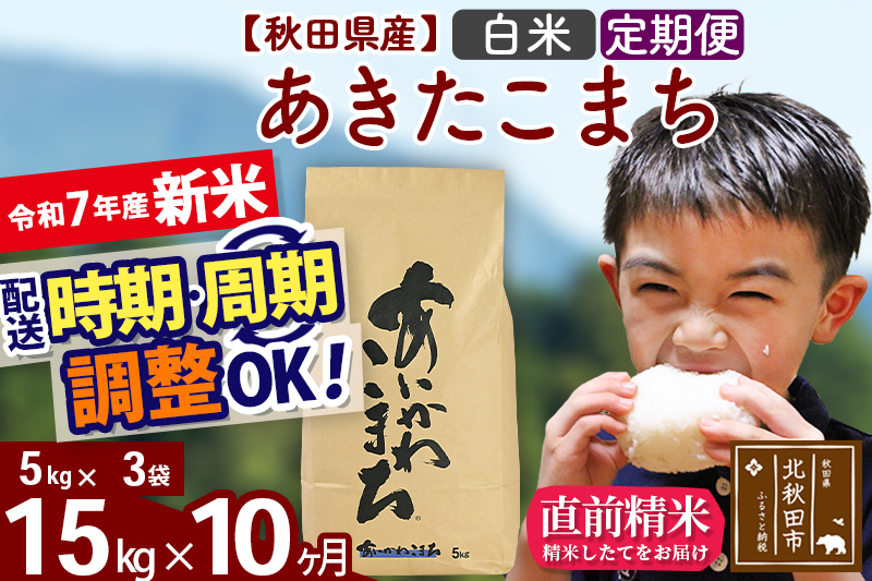 ※令和7年産 新米※《定期便10ヶ月》秋田県産 あきたこまち 15kg【白米】(5kg小分け袋) 2025年産 お届け時期選べる お届け周期調整可能 隔月に調整OK お米 藤岡農産