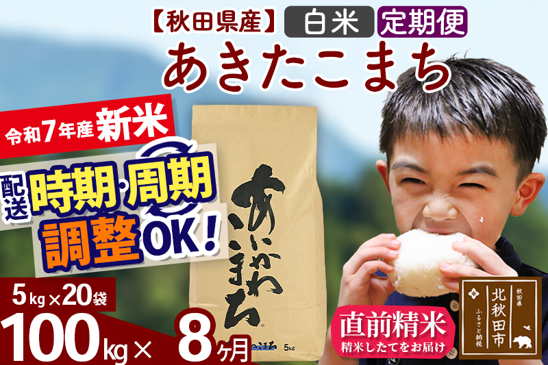 ※令和7年産 新米※《定期便8ヶ月》秋田県産 あきたこまち 100kg【白米】(5kg小分け袋) 2025年産 お届け時期選べる お届け周期調整可能 隔月に調整OK お米 藤岡農産