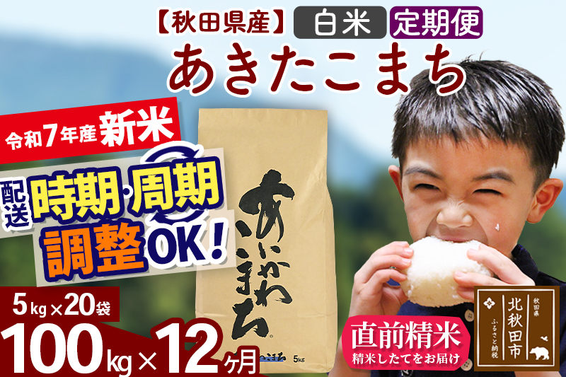 ※令和7年産 新米※《定期便12ヶ月》秋田県産 あきたこまち 100kg【白米】(5kg小分け袋) 2025年産 お届け時期選べる お届け周期調整可能 隔月に調整OK お米 藤岡農産