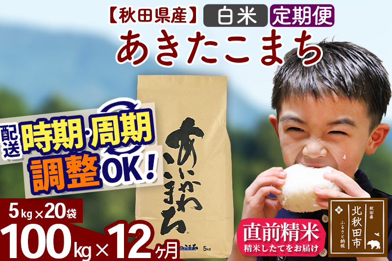 ※令和7年産※《定期便12ヶ月》秋田県産 あきたこまち 100kg【白米】(5kg小分け袋) 2025年産 お届け時期選べる お届け周期調整可能 隔月に調整OK お米 藤岡農産