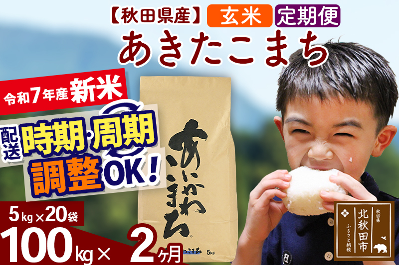 ※令和7年産 新米※《定期便2ヶ月》秋田県産 あきたこまち 100kg【玄米】(5kg小分け袋) 2025年産 お届け時期選べる お届け周期調整可能 隔月に調整OK お米 藤岡農産