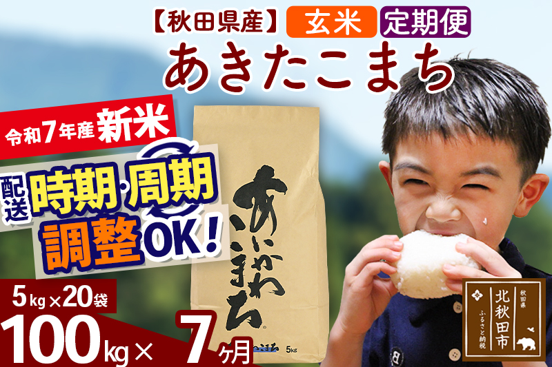 ※令和7年産 新米※《定期便7ヶ月》秋田県産 あきたこまち 100kg【玄米】(5kg小分け袋) 2025年産 お届け時期選べる お届け周期調整可能 隔月に調整OK お米 藤岡農産
