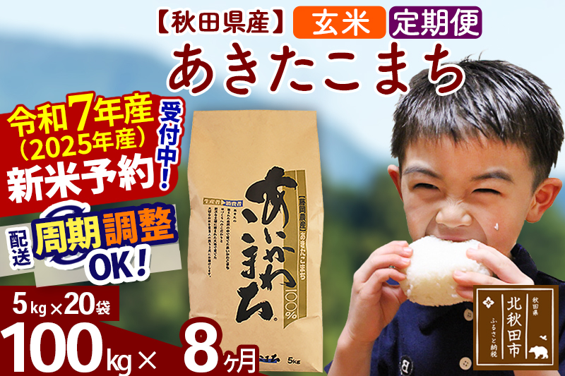 ※令和7年産 新米※《定期便8ヶ月》秋田県産 あきたこまち 100kg【玄米】(5kg小分け袋) 2025年産 お届け時期選べる お届け周期調整可能 隔月に調整OK お米 藤岡農産