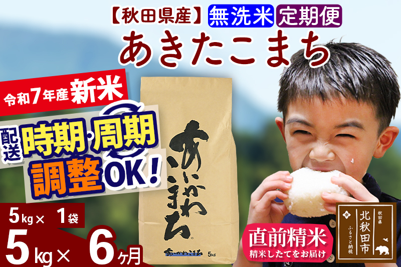 ※令和7年産 新米※《定期便6ヶ月》秋田県産 あきたこまち 5kg【無洗米】(5kg小分け袋) 2025年産 お届け時期選べる お届け周期調整可能 隔月に調整OK お米 藤岡農産