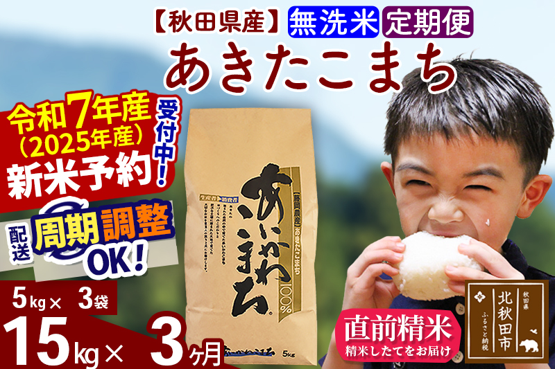 ※令和7年産 新米※《定期便3ヶ月》秋田県産 あきたこまち 15kg【無洗米】(5kg小分け袋) 2025年産 お届け時期選べる お届け周期調整可能 隔月に調整OK お米 藤岡農産