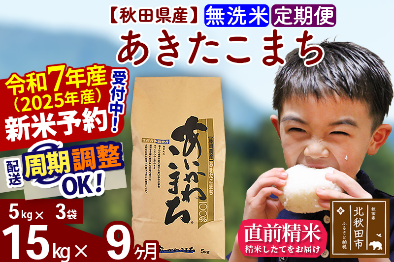 ※令和7年産 新米※《定期便9ヶ月》秋田県産 あきたこまち 15kg【無洗米】(5kg小分け袋) 2025年産 お届け時期選べる お届け周期調整可能 隔月に調整OK お米 藤岡農産