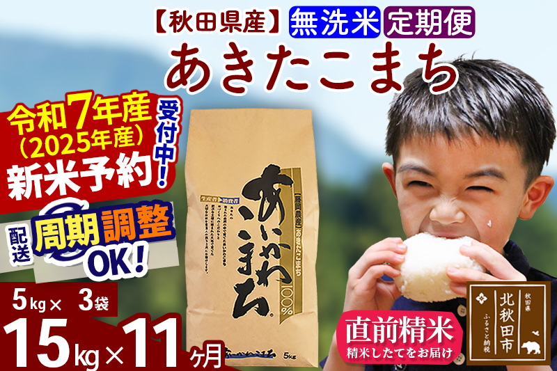 ※令和7年産 新米※《定期便11ヶ月》秋田県産 あきたこまち 15kg【無洗米】(5kg小分け袋) 2025年産 お届け時期選べる お届け周期調整可能 隔月に調整OK お米 藤岡農産