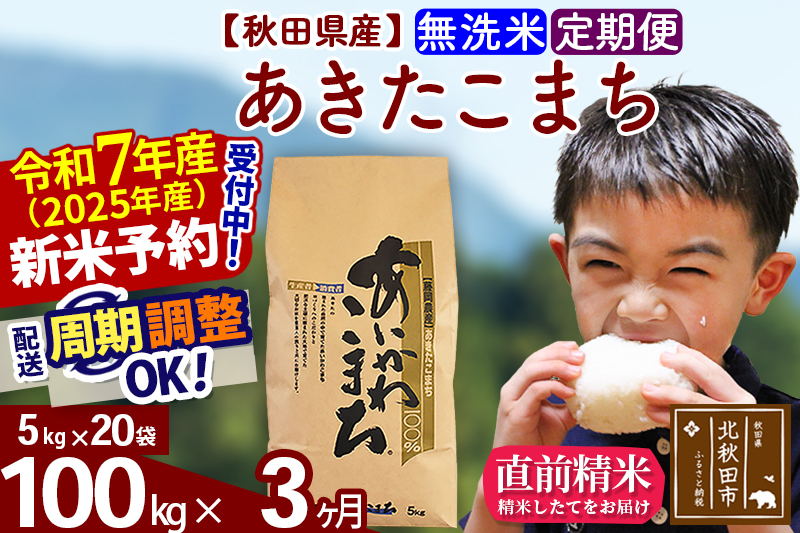 ※令和7年産 新米※《定期便3ヶ月》秋田県産 あきたこまち 100kg【無洗米】(5kg小分け袋) 2025年産 お届け時期選べる お届け周期調整可能 隔月に調整OK お米 藤岡農産