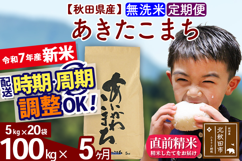 ※令和7年産 新米※《定期便5ヶ月》秋田県産 あきたこまち 100kg【無洗米】(5kg小分け袋) 2025年産 お届け時期選べる お届け周期調整可能 隔月に調整OK お米 藤岡農産
