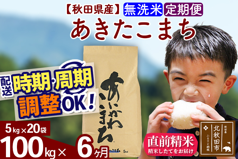※令和7年産※《定期便6ヶ月》秋田県産 あきたこまち 100kg【無洗米】(5kg小分け袋) 2025年産 お届け時期選べる お届け周期調整可能 隔月に調整OK お米 藤岡農産