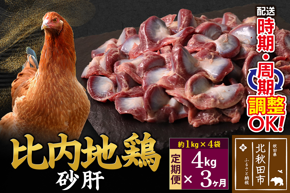 《定期便3ヶ月》 比内地鶏 砂肝 4kg（1kg×4袋）×3回 計12kg 時期選べる お届け周期調整可能 3か月 3ヵ月 3カ月 3ケ月 12キロ 国産 冷凍 鶏肉 鳥肉 とり肉 すなぎも