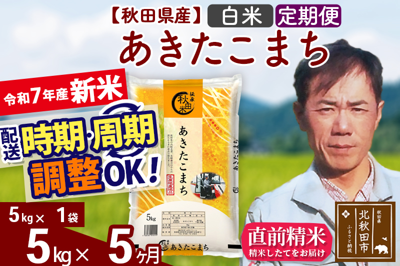 ※令和7年産 新米※《定期便5ヶ月》秋田県産 あきたこまち 5kg【白米】(5kg小分け袋) 2025年産 お届け時期選べる お届け周期調整可能 隔月に調整OK お米 みそらファーム