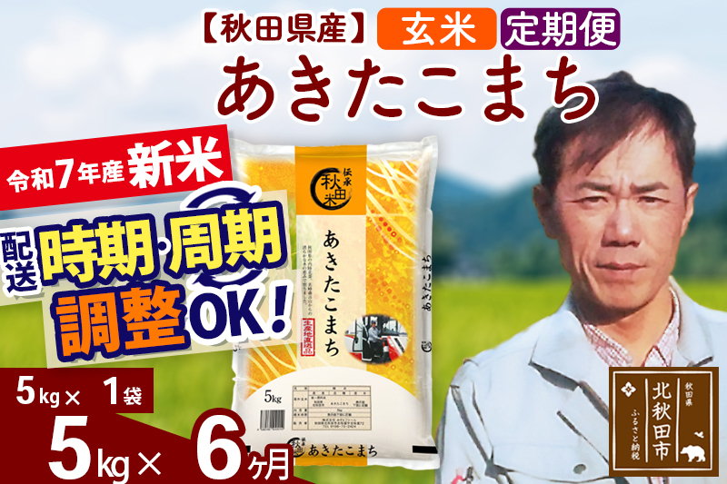 ※令和7年産 新米※《定期便6ヶ月》秋田県産 あきたこまち 5kg【玄米】(5kg小分け袋) 2025年産 お届け時期選べる お届け周期調整可能 隔月に調整OK お米 みそらファーム