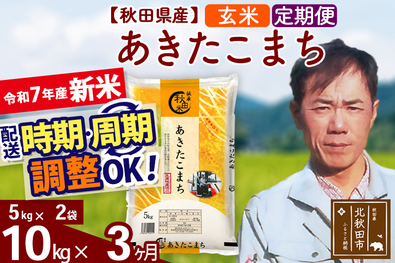 ※令和7年産 新米※《定期便3ヶ月》秋田県産 あきたこまち 10kg【玄米】(5kg小分け袋) 2025年産 お届け時期選べる お届け周期調整可能 隔月に調整OK お米 みそらファーム